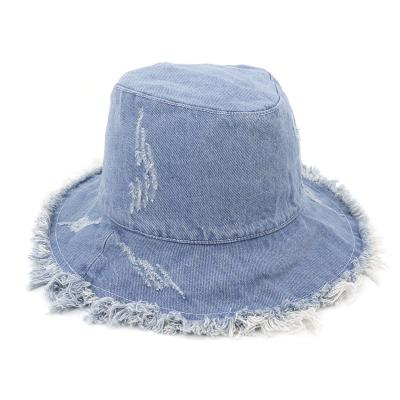 China Custom Wholesale New Image Design Cotton Denim Washed Bucket Hat For Women With Raw Brim for sale