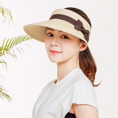 China New Fashion Wholesale Cheap Striped Straw Sun Hat Visor Straw Foldable Material Sun Visor Sun Beach Hat Custom Made With Bow for sale