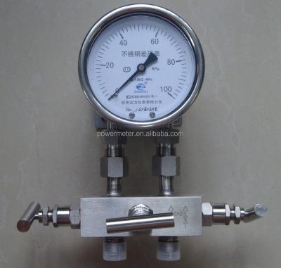 China Stainless steel 100mm 4 inch differential pressure meter with three way value 100 Kpa for sale