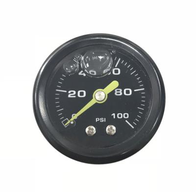 China Diameter 1.5inch Yellow Liquid Black Case Gauge Vibration And Shock Proof Function Economical Type Filled Pressure Gauge 100psi for sale