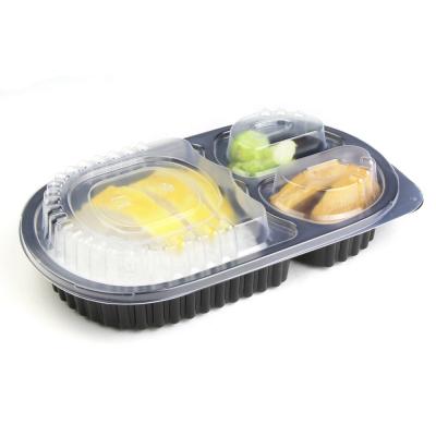 China Leak Proof Disposable Plastic 3 Compartments Bento Food Container Tray With Lid for sale