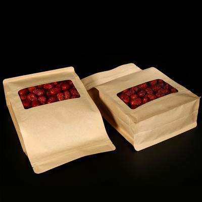 China New Food Grade Material Eco-Friendly Safe Resealable Side Gusset Square Bottom Kraft Paper Zip Bag With Window for sale