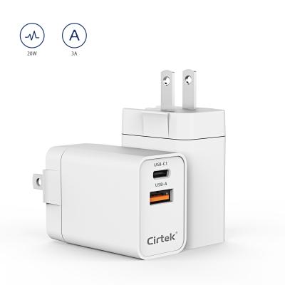 China Cirtek PD2.0 20w Dual Interface Versatile Us Fast Charger QC3.0 Short Circuit Protection 3A Phone Charger Charging for sale