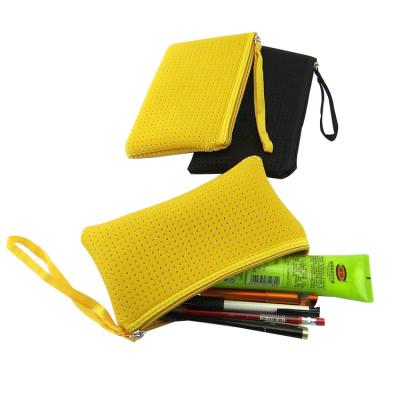 China Lovely Plain Color Zipper Pouch Pencil Pouch Neoprene Portable Lady Small Wallets Coin Purse Eco-friendly Perforated Strap Pocket for sale