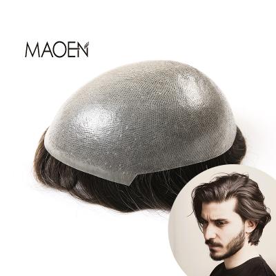 China Good quality 0.02-0.04mm high quality pu hairline man wigs 100% current natural ultra thin skin pu men hairpiece v loop skin hair system for sale