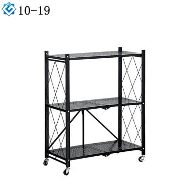 China Innovative Carbon Steel Furniture 3 Layer Home Organizer With Moving Wheels Kitchen Corner Storage Lockable Folding Shelf for sale