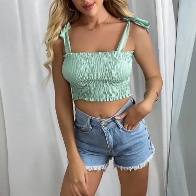 China Breathable New Arrival Cropped Tank Top Cute Frilly Trimmed Knot Shoulder Top Woman Tops Fashionable Blouse for sale