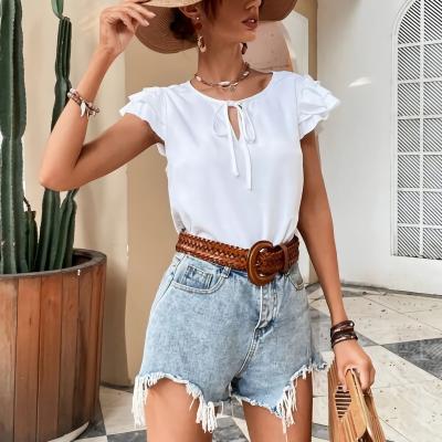 China Women's Solid T-shirt Sleeve Tie Front Neck Layered Cute Casual Stylish Breathable Wholesale Link Blouse for sale