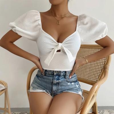 China hot sale Anti-wrinkle office blouse women casual puff sleeve blouse tops tie front women chiffon blouse for sale