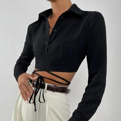 China Hot Sale Anti-Shrink Ladies Blouses Summer Crop Criss-Cross Shirts Button Front Tie Front Elegant Women Blouses And Tops Women for sale