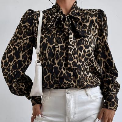 China Wholesale Women Casual Tie Neck Leopard Print Ladies Blouse Anti-pilling Long Sleeve Blouses for sale