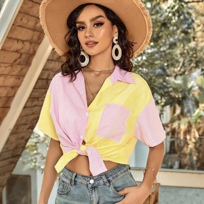 China QUICK DRY wholesale hot sexy casual colorblock blouse girls drop shoulder fancy striped blouse ladies button front blouse for sale