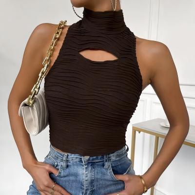 China QUICK DRY Custom Cropped Sexy Tank Top Women's Tank Top Cutout Front Textured Tank Top Slim Fit Brown Casual Women's Neck Tall for sale