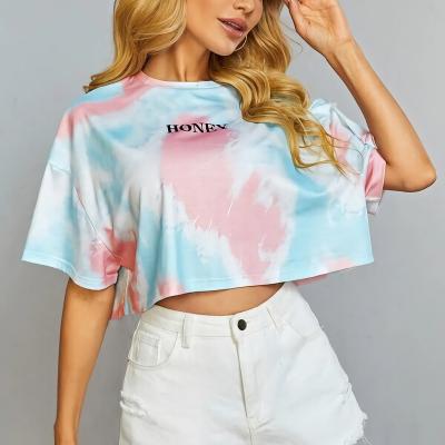 China Anti-Wrinkle Hot Sale Graphic Multicolor Crop Tops Women's Link Dye Drop Sleeve O-Neck T-Shirt Half Shoulder Oversized Tee for sale