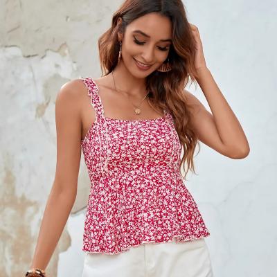 China New Arrival Anti-pilling Basic Crop Tops Cute Floral Crop Ruffle Women's Cami Top Peplum Top Blouses Edge for sale