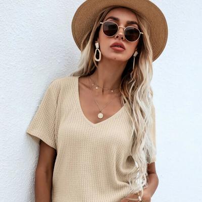 China QUICK DRY Trend Women's Summer Hot Sale Tee Waffle Knit Regular Sleeve Solid Color V-Neck Pullover T-Shirt for sale