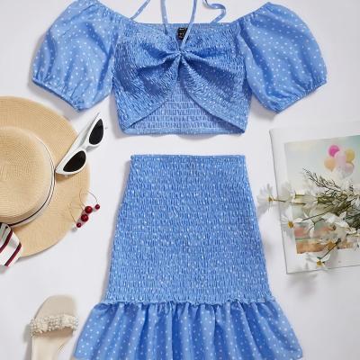 China Wholesale QUICK DRY sexy girls short skirt puff sleeve tied puffy skirts and cute 2 piece blouse skirt set women dress for sale