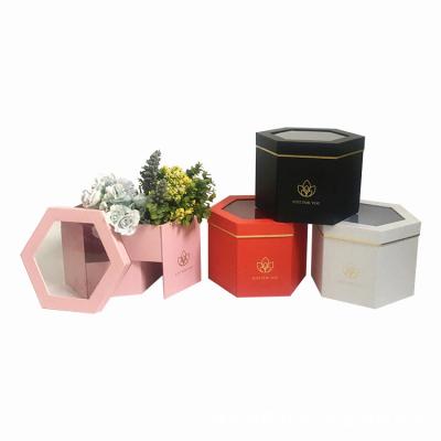 China Recycled Materials PVC Window Double Layer Flower Box Hexagon Shape Wedding Chocolate Gift Flower Packing Boxes for sale