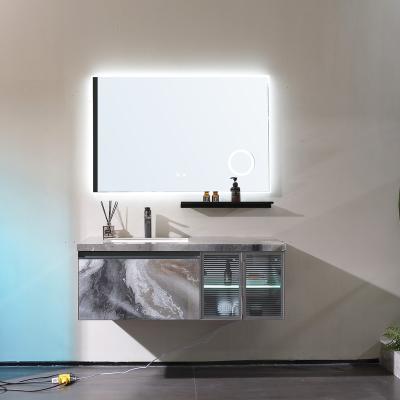 China Modern Seamless Built-In Basin Wall Hung Bathroom Vanity With LED Light Mirror for sale