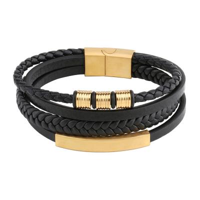 China TRENDY Classic Stainless Steel Bar Charm Multi Layer Leather Bracelet For Men for sale