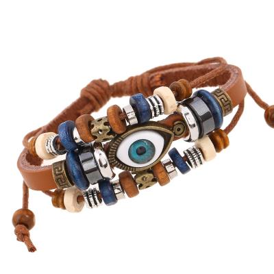 China Vintage Couple Jewelry Mens Womens Adjustable Leather Beads Charm Eye Bracelet for sale