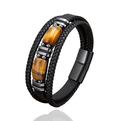 China Fashionable Hot Selling Mens Boys Multi Layer Braided Tiger Eye Bead Leather Bracelet for sale