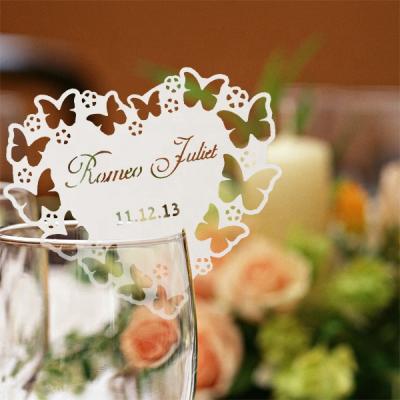 China Festival decoration hot sale special laser cut heart shape wedding place card for wine glass for sale