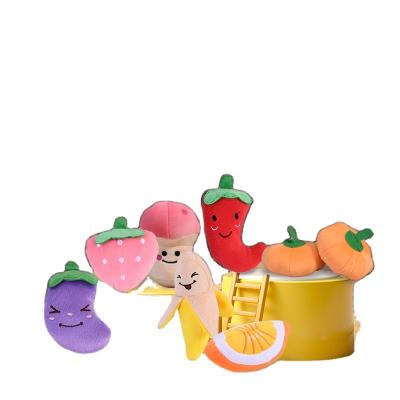 China Bulk Hot Viable Squeaky Hot Squeaky Animal Pet Enrichment Cartoon Fruit Tooth Dog Plush Chew Cleaning Toys for sale