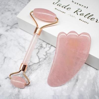 China Hot Selling Private Label Jade Stone Massage Set Anti Aging Gua Sha Rose Quartz Jade Face Roller Face Lift OEM With Box for sale