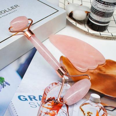 China Natural Crystal Guasha Stone Board Face Lift Rose Quartz Facial Jade Stone Roller Massage Kit for sale