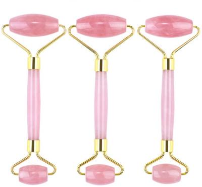 China High Quality Natural Anti Aging Roller Massager Rose Quartz Pink Guasha Facial Face Lift Beauty Tools With Silicone Mask Brush for sale