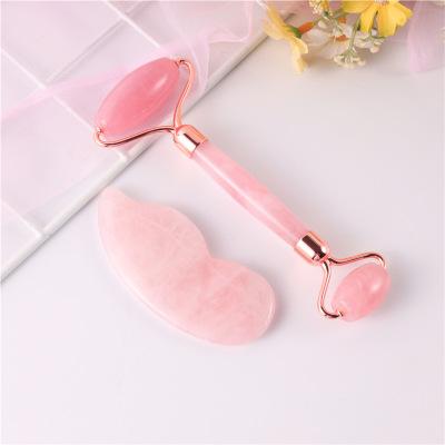 China Natural Pink Rose Quartz Facial Jade Roller Crystal Board Massage Face Lift Kit for sale