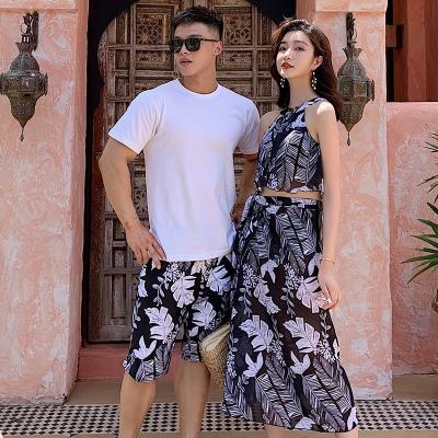 China Breathable Butterfly Printing Couples Swimwear Women's Bikini Swimsuit Couples Swimwear (one set including women skirt and men boxer) for sale