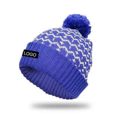 China COMMON Winter Knitted Wool Fauk Fur Brand Winter Hat With Logo Men Mean Jacquard Knit Stylish Snowboard Flapped Bobble Cap for sale