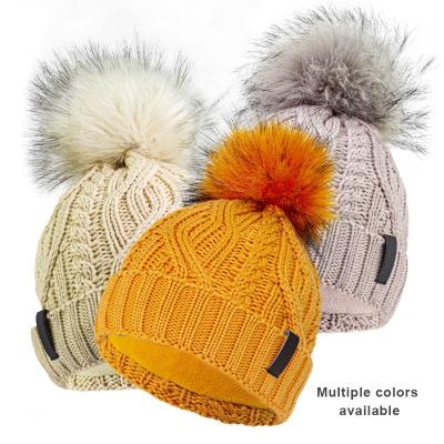 China COMMON Custom Merino Wool Faux Fur Pom Pom Hats, Cable Knit Luxury Designer Woolen Winter Hats for Women Unisex Bobble Beanies Warmly for sale