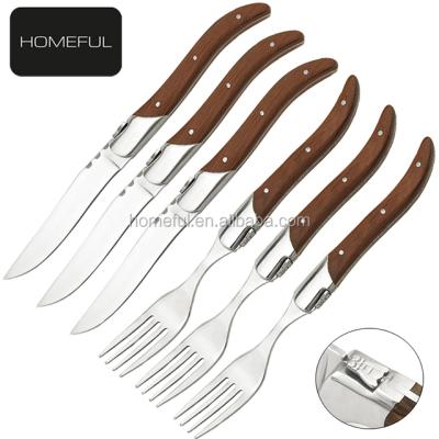 China 6 Pieces Disposable Stainless Steel Laguiole Flatware Knife Fork With Wooden Handle for sale