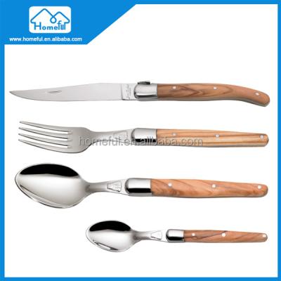 China Sustainable Laguiole 4 Pcs Stainless Steel Flatware Set With Olive Woode Handle for sale