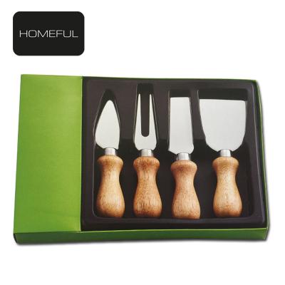 China Sustainable 4PCS Cheese Knife Set With Rubber Wooden Handle In Gift Box for sale