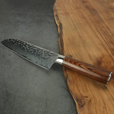 China 67 durable Damascus layers of santoku steel knife with pakka wood handle for sale