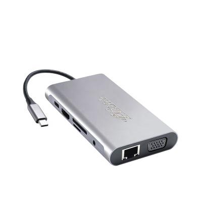 China Projector PCER Factory Price 10 in 1 USB Type-C Hub Multifunctional USB Type-C Hub PD HDMI USB 3.0 RJ45 Audio VGA SD Hub for Computer for sale