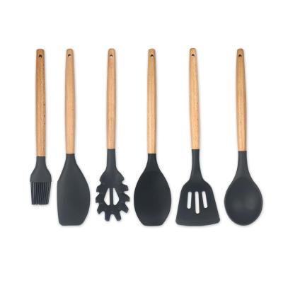 China Sustainable Kitchen Accessories 6 Piece Silicone Wooden Kitchen Utensils Set With Spatula Brush for sale