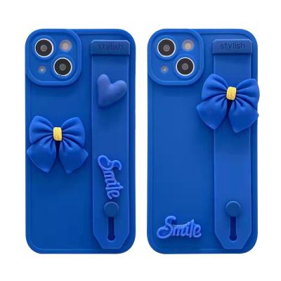 China 2021 New Design Shockproof Hot Selling Blue Klein Phone Cover Strap Bowknot Woman Bracket Phone Case For iPhone 13 Pro Max for sale