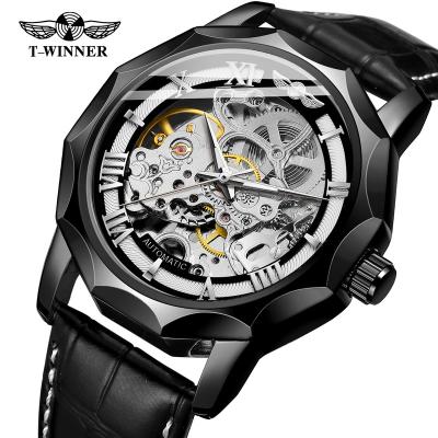 China Winner Brand Roman Numerals Designer Mechanical Luxury Mens Watch Full Automatic Skeleton Watch Water Resistant With Leather Strap For Male for sale