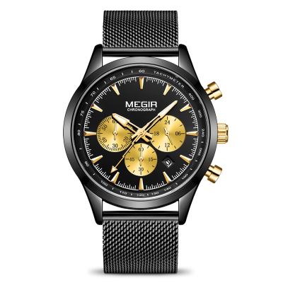 China Megir 2153 Mens Designer Black Automatic Chronograph Quartz Watches Stainless Steel Mesh Water Proof 3 Bar Luxury Wristwatches for sale