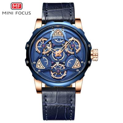 China MINI FOCUS 0249 G Water Resistant Cool Stylish Genuine Leather Strap Men's Wrist Quartz Watch Customized Hollow Dial Sport Watch For Men for sale