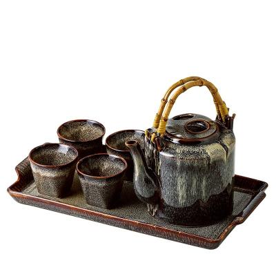 China Sustainable Ceramic Japanese Style 6 Pieces Brown Porcelain Large Ceramic Kettle Handle Wooden Cup Water Teapot Cup Set for sale