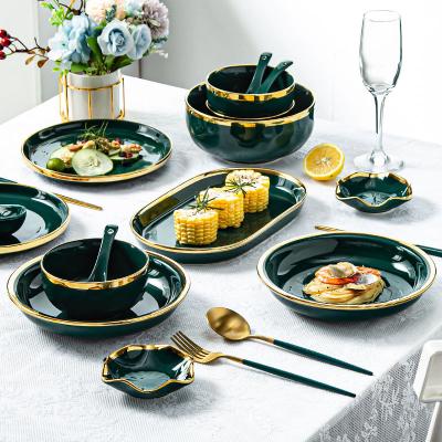 China Customized Luxury Green Ceramic Dinner Set Viable Color 9pcs Luster Emeralds for sale