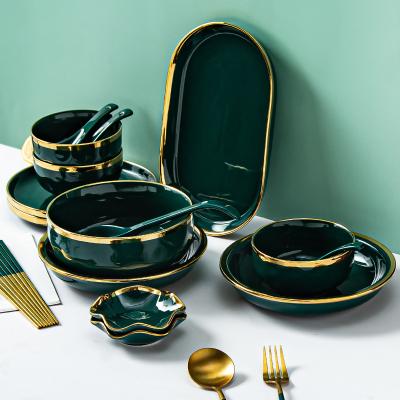 China Sustainable Hotel Dinner Set Tableware Porcelain Green Luxurious Ceramic Green Dishware Tableware Sets For Restaurant for sale