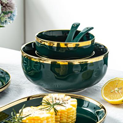 China OEM Viable Royal Color Luster Luxury Green Gold Ceramic Dinner Set For Home Application for sale