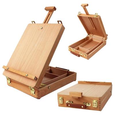 China Easel Art Supply Adjustable Portable Place Painting Draw Beech Pine Wood Painting Sketch Easel Round Desktop Box for sale